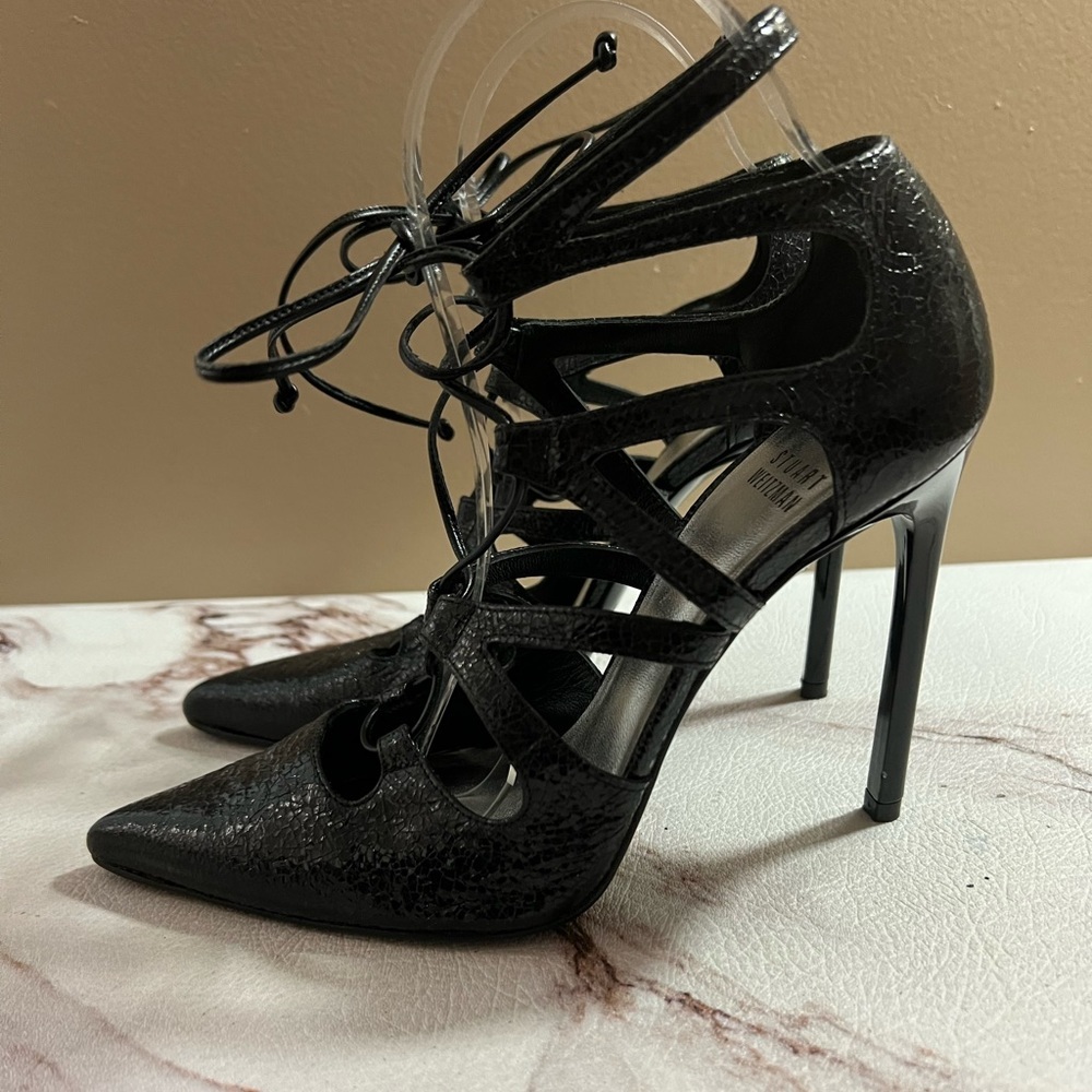 Stuart Weitzman Black Patent Leather Excite Pointy Toe Lace Up Pumps 6.5 M.